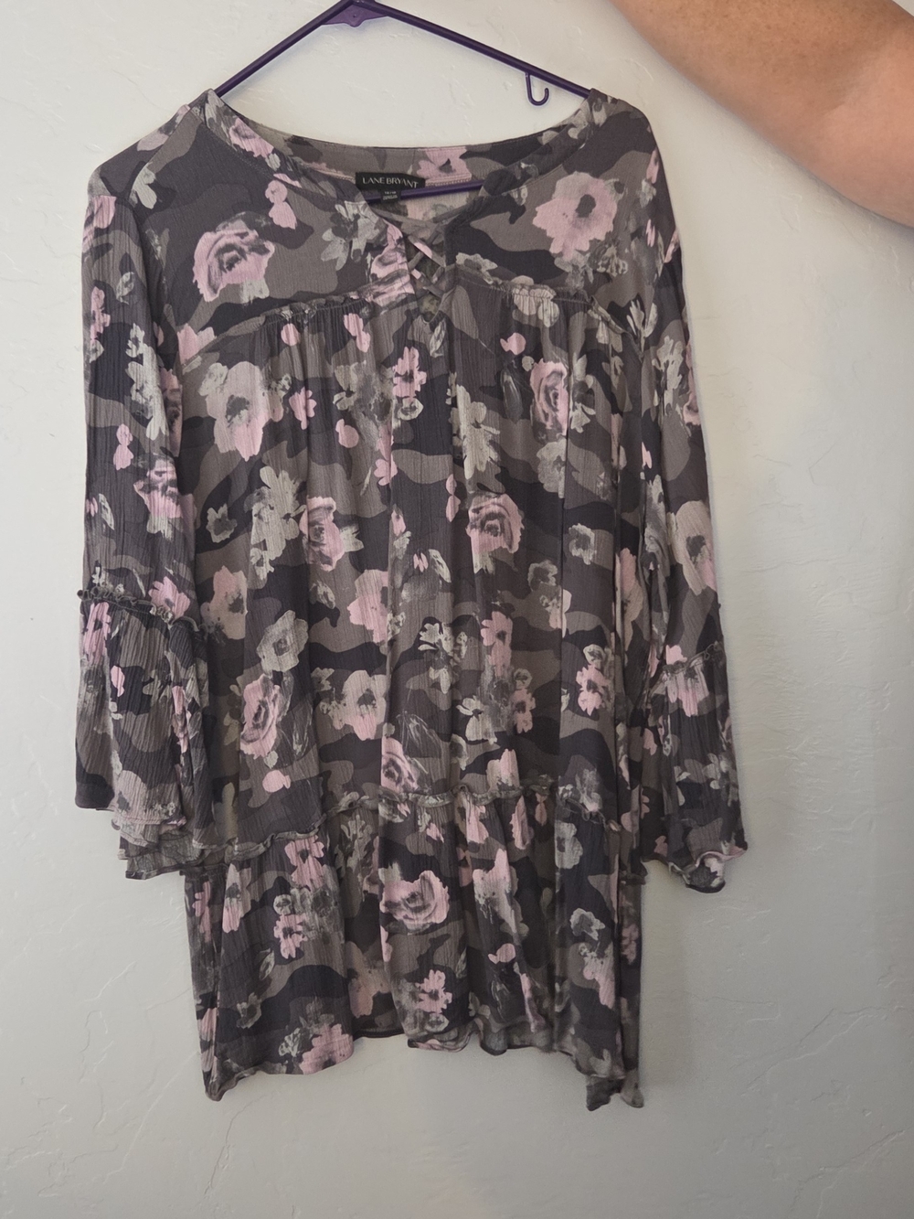 Lane Bryant Pink and Gray Floral Tiered Blouse